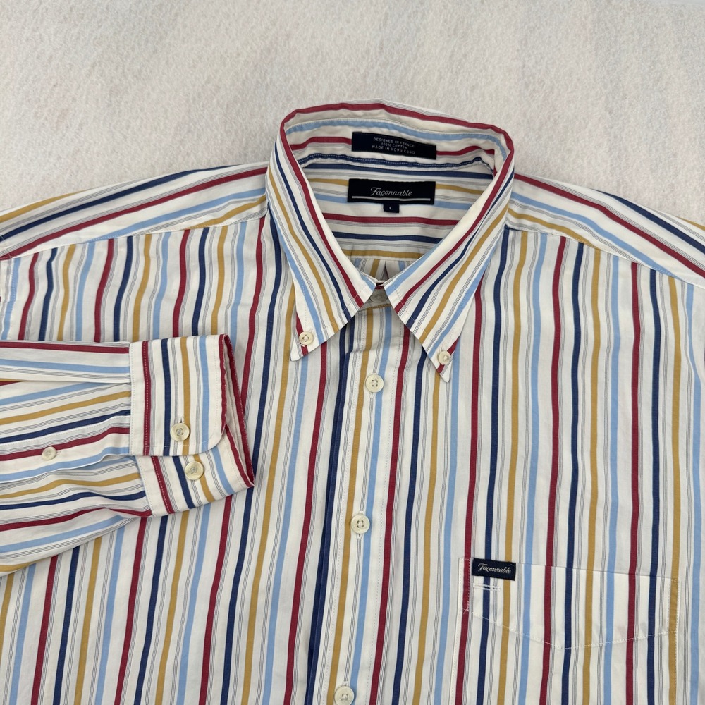 Faconnable Mens Large Long Sleeve Button Down Multicolor Stripe Retro Preppy